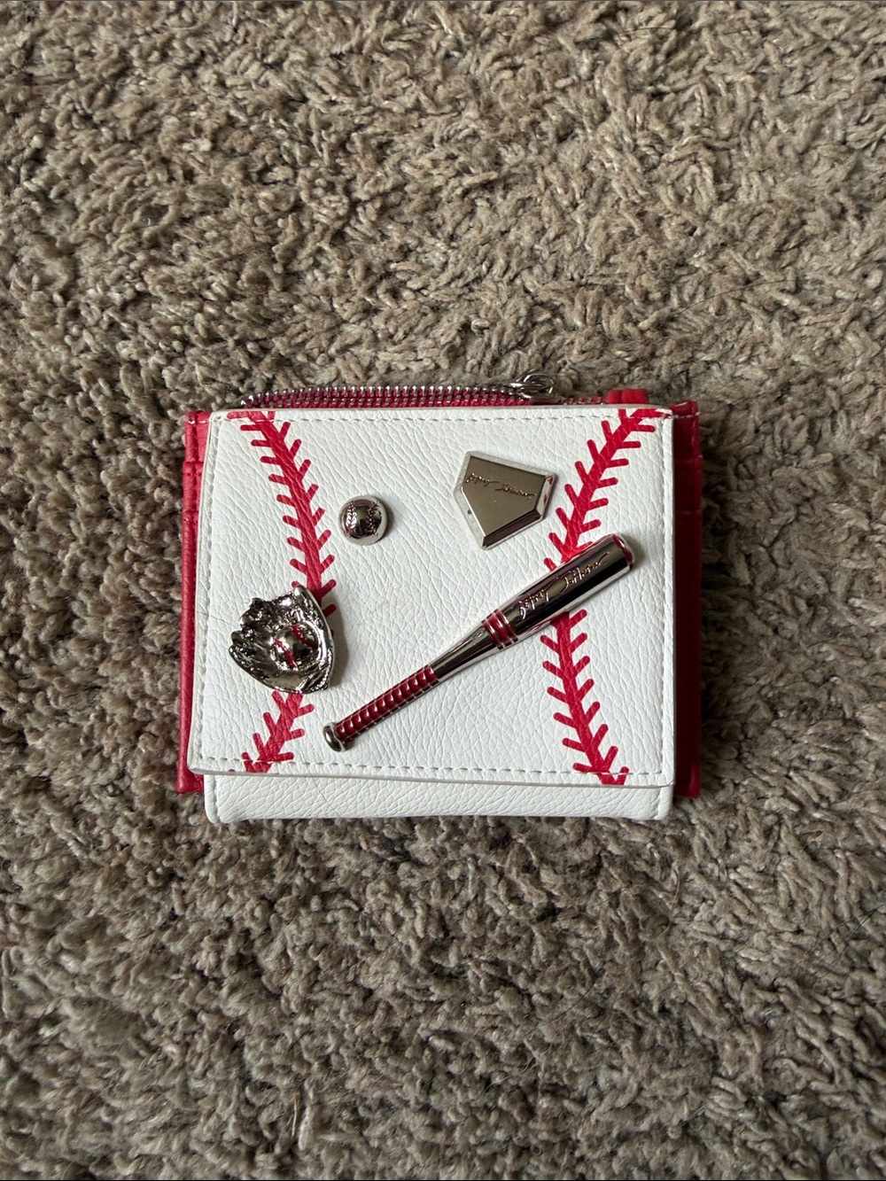Betsey Johnson White and Red Baseball Stitch Accent Wallet